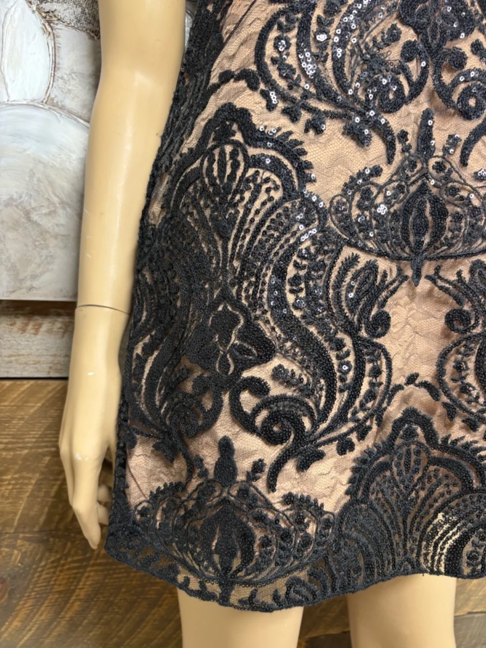 Free People Black Sheer Lace Sequin Dress | Nude Lined | Size L | Open Back - Picture 3 of 5